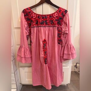 Mi Golondrina Red and Black Embroidered Shift Dress - Medium